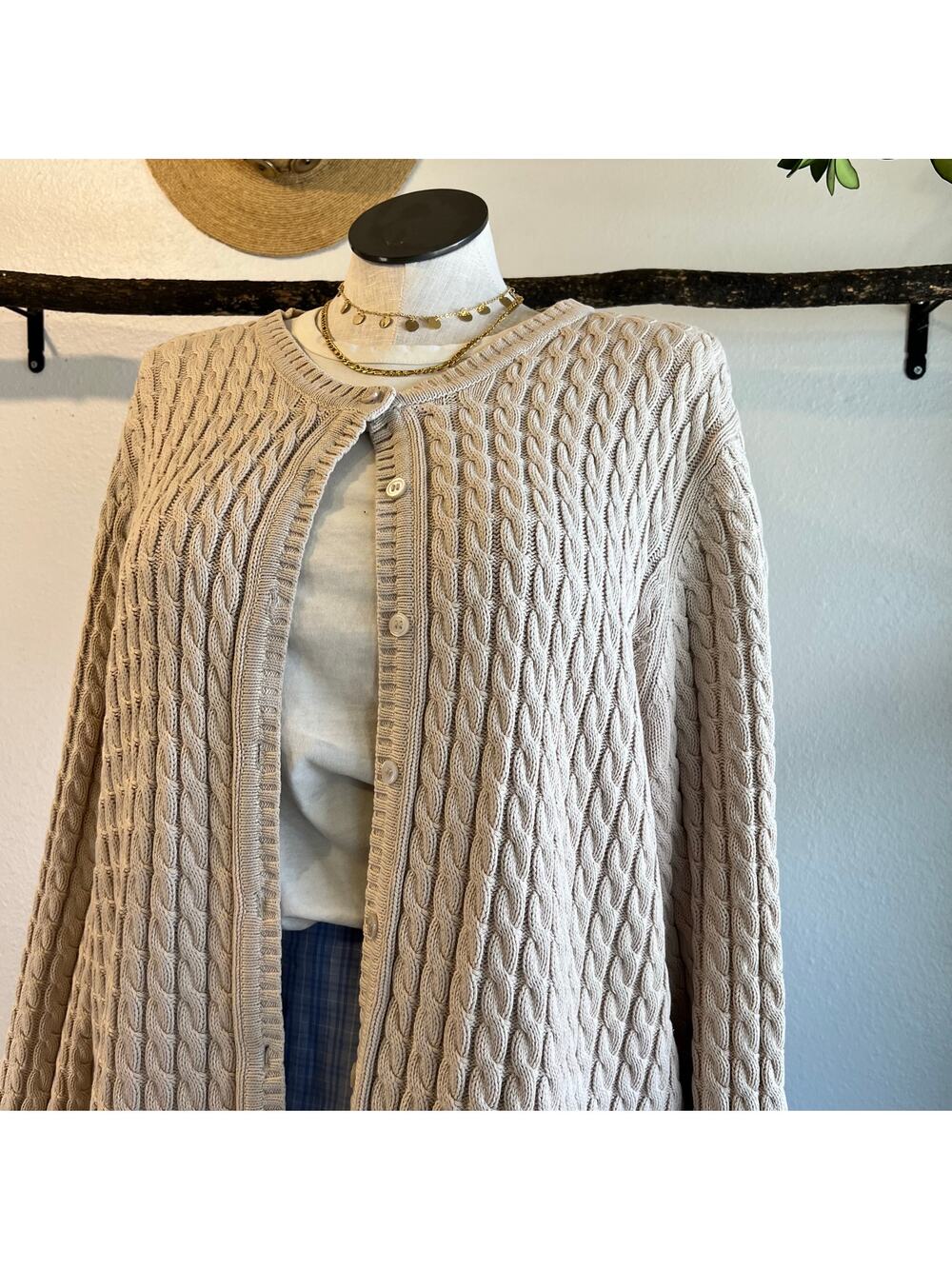 Vintage 90s Cherokee Cream Beige Cable 100% Cotton Knit Cardigan Sweater Size 3X
